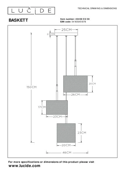 Lucide BASKETT - Suspension - 3xE27 - Noir - technique